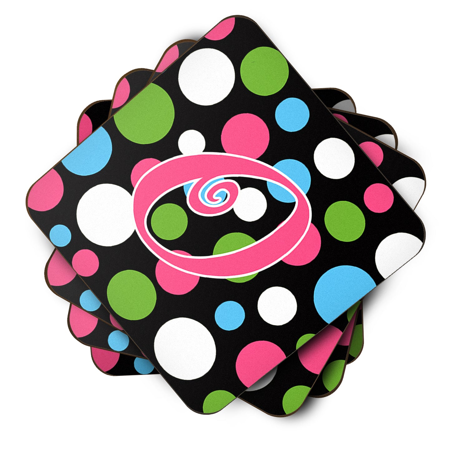 Set of 4 Monogram - Polkadots and Pink Foam Coasters Initial Letter O - the-store.com