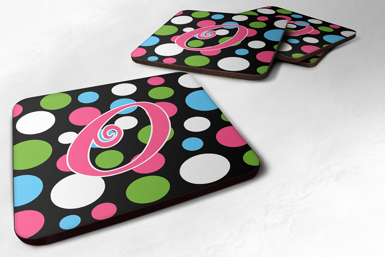 Set of 4 Monogram - Polkadots and Pink Foam Coasters Initial Letter O - the-store.com