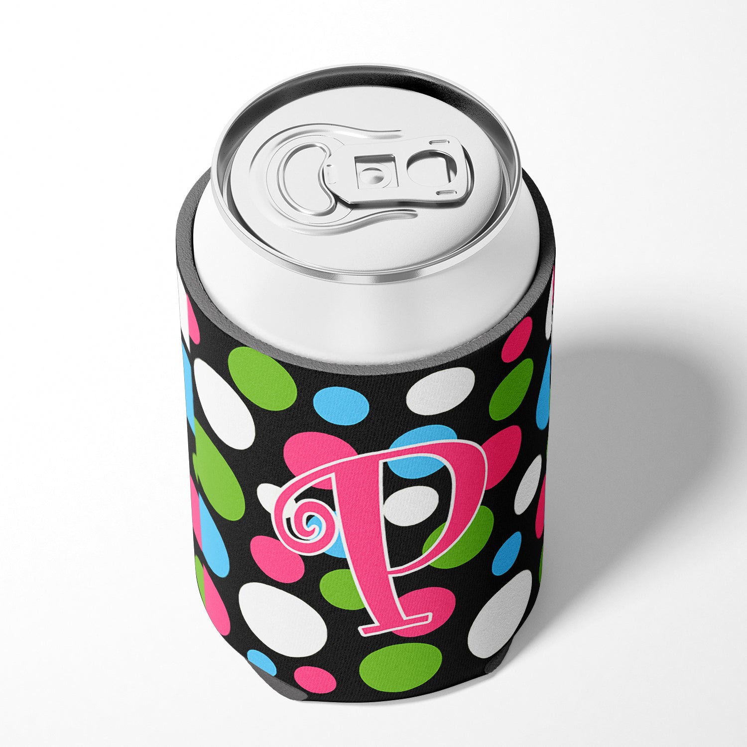 Letter P Initial Monogram - Polkadots and Pink Can or Bottle Beverage Insulator Hugger.