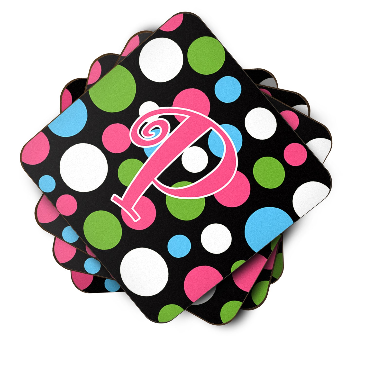 Set of 4 Monogram - Polkadots and Pink Foam Coasters Initial Letter P - the-store.com