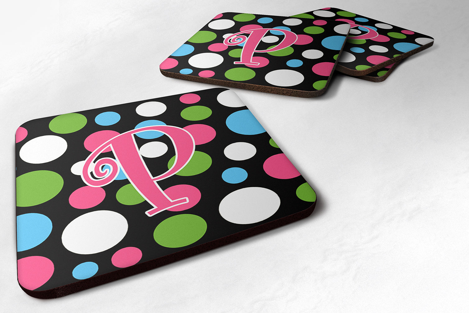 Set of 4 Monogram - Polkadots and Pink Foam Coasters Initial Letter P - the-store.com