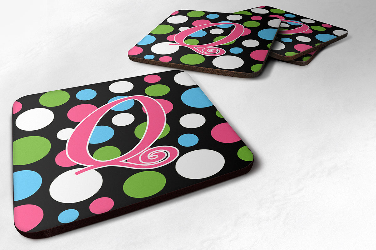 Set of 4 Monogram - Polkadots and Pink Foam Coasters Initial Letter Q - the-store.com