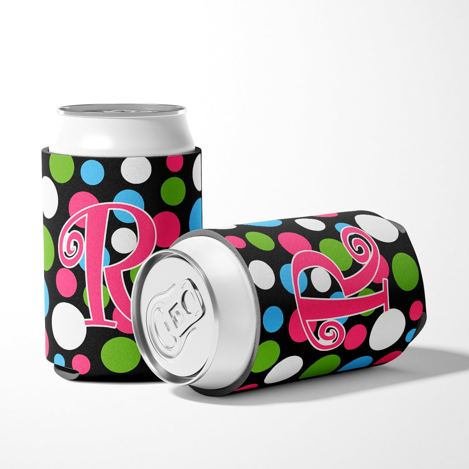 Letter R Initial Monogram - Polkadots and Pink Can or Bottle Beverage Insulator Hugger.