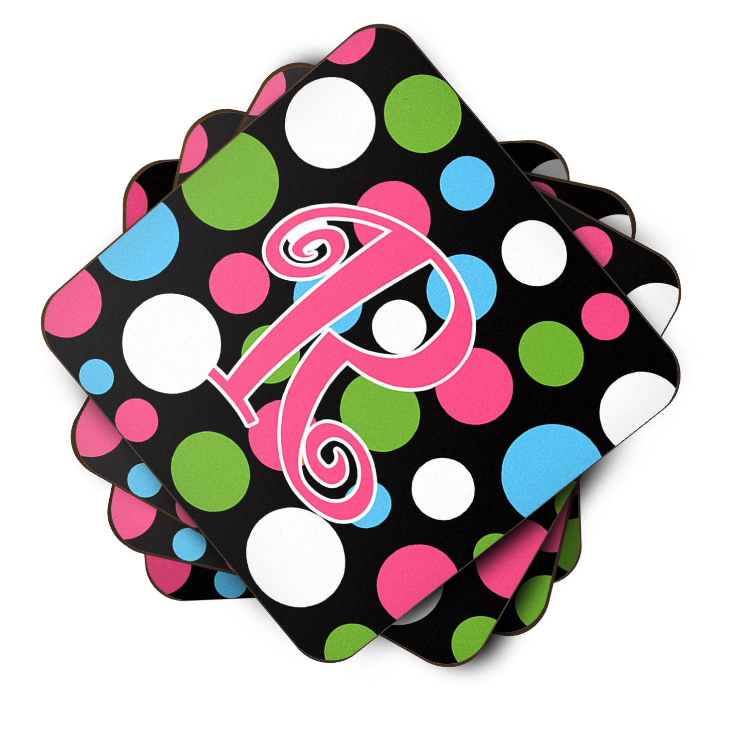 Set of 4 Monogram - Polkadots and Pink Foam Coasters Initial Letter R - the-store.com
