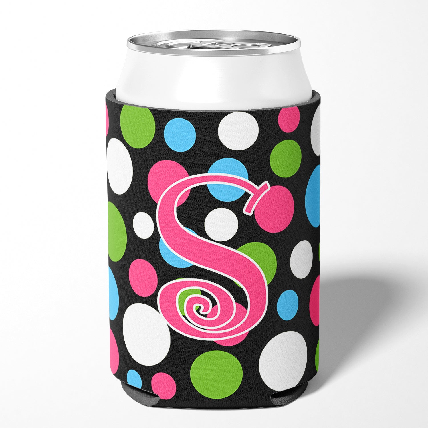 Letter S Initial Monogram - Polkadots and Pink Can or Bottle Beverage Insulator Hugger.