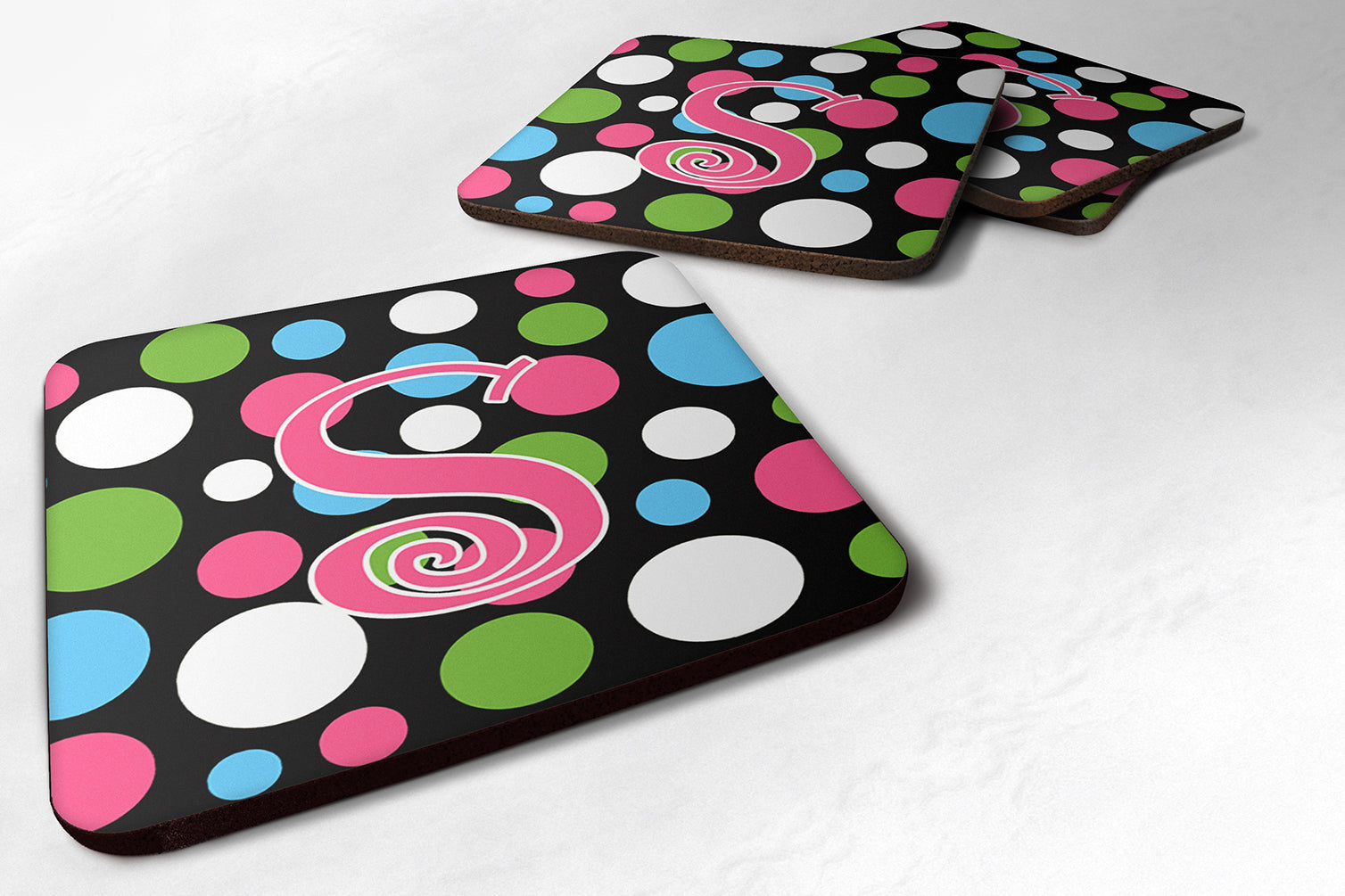 Set of 4 Monogram - Polkadots and Pink Foam Coasters Initial Letter S - the-store.com