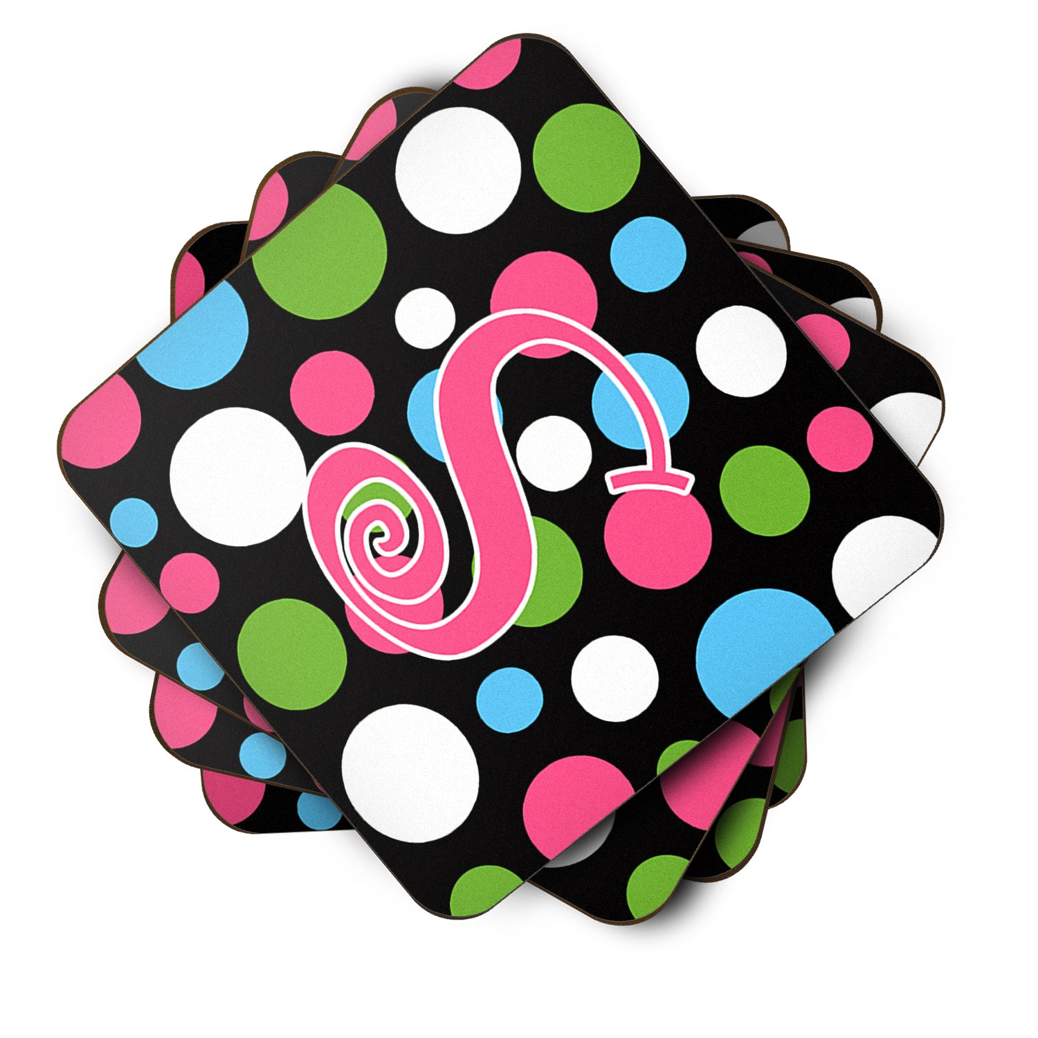Set of 4 Monogram - Polkadots and Pink Foam Coasters Initial Letter S - the-store.com