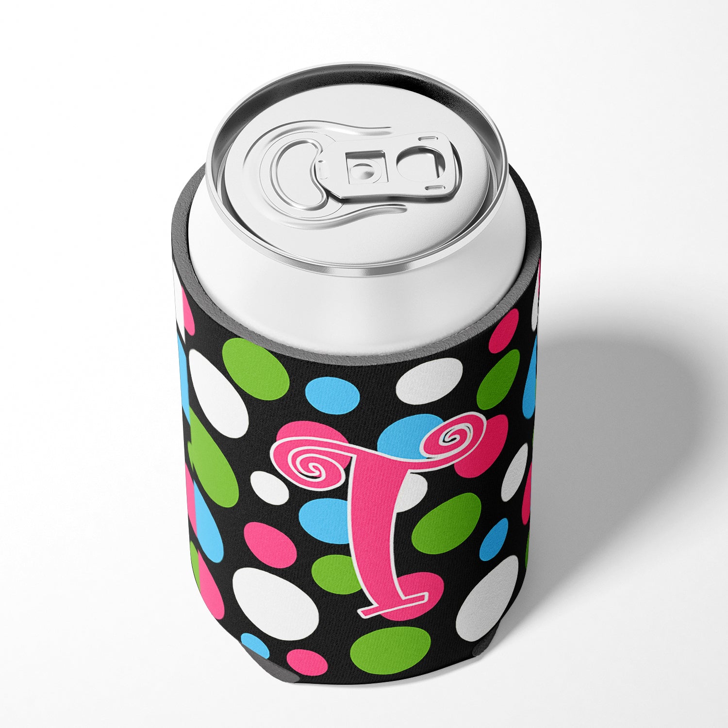 Letter T Initial Monogram - Polkadots and Pink Can or Bottle Beverage Insulator Hugger.