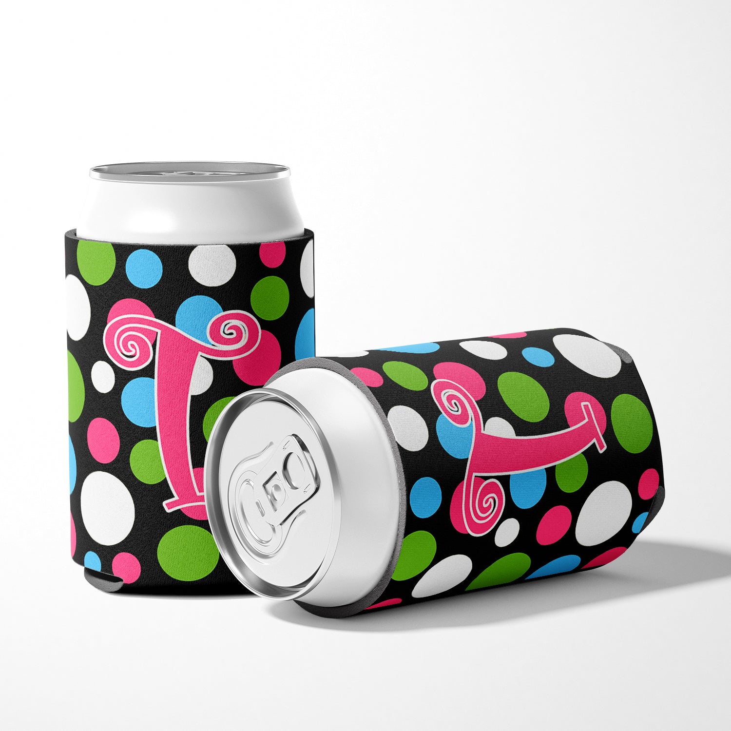 Letter T Initial Monogram - Polkadots and Pink Can or Bottle Beverage Insulator Hugger