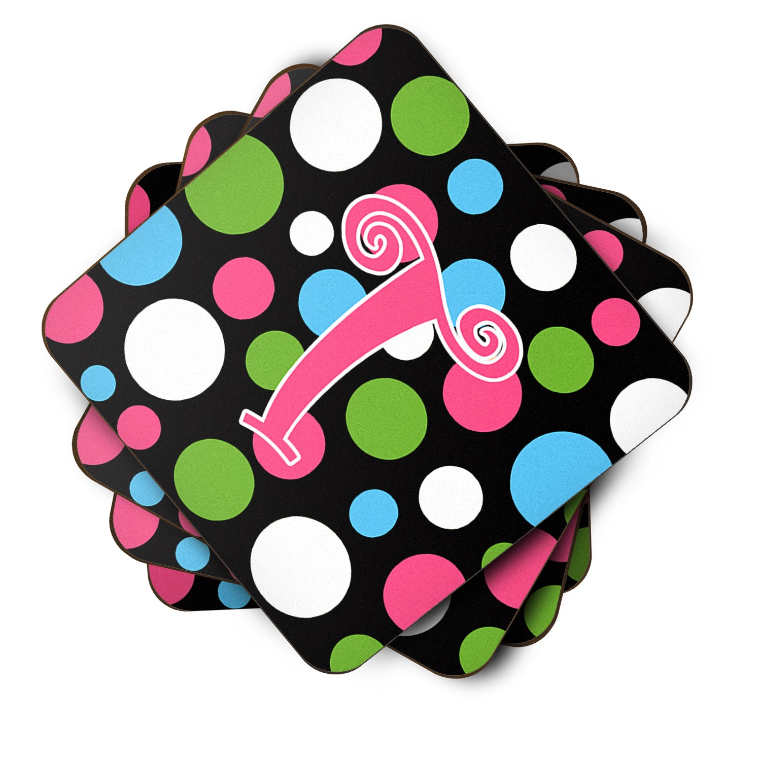 Set of 4 Monogram - Polkadots and Pink Foam Coasters Initial Letter T - the-store.com
