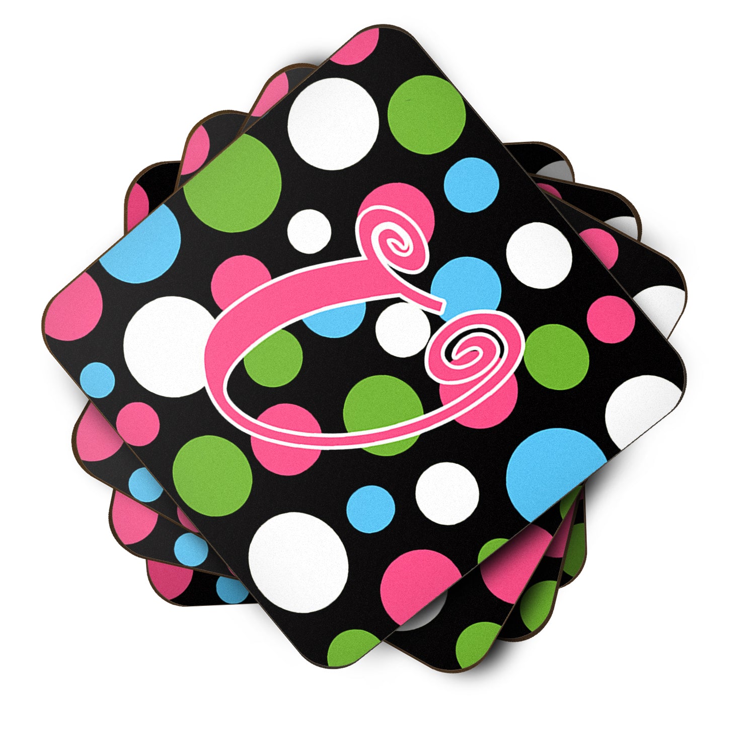 Set of 4 Monogram - Polkadots and Pink Foam Coasters Initial Letter U - the-store.com