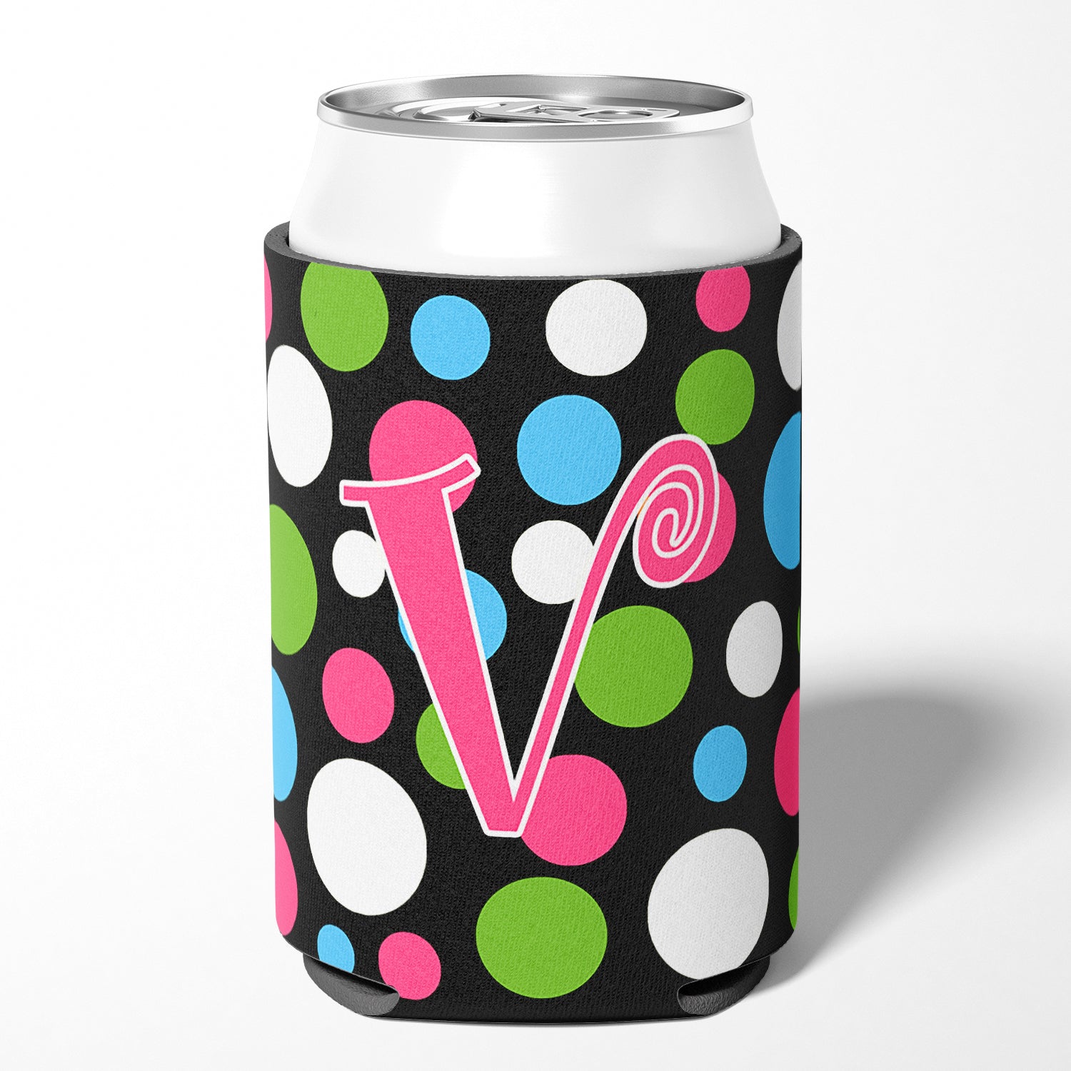 Letter V Initial Monogram - Polkadots and Pink Can or Bottle Beverage Insulator Hugger.