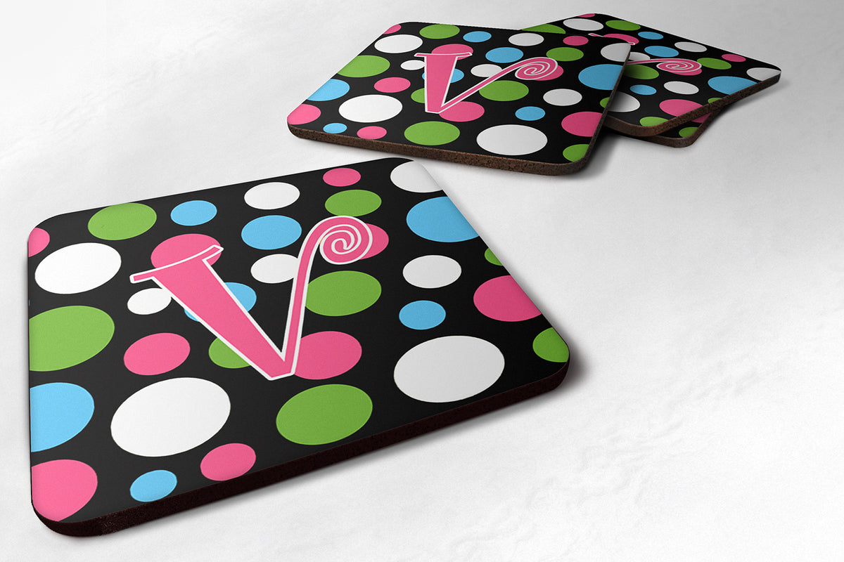 Set of 4 Monogram - Polkadots and Pink Foam Coasters Initial Letter V - the-store.com