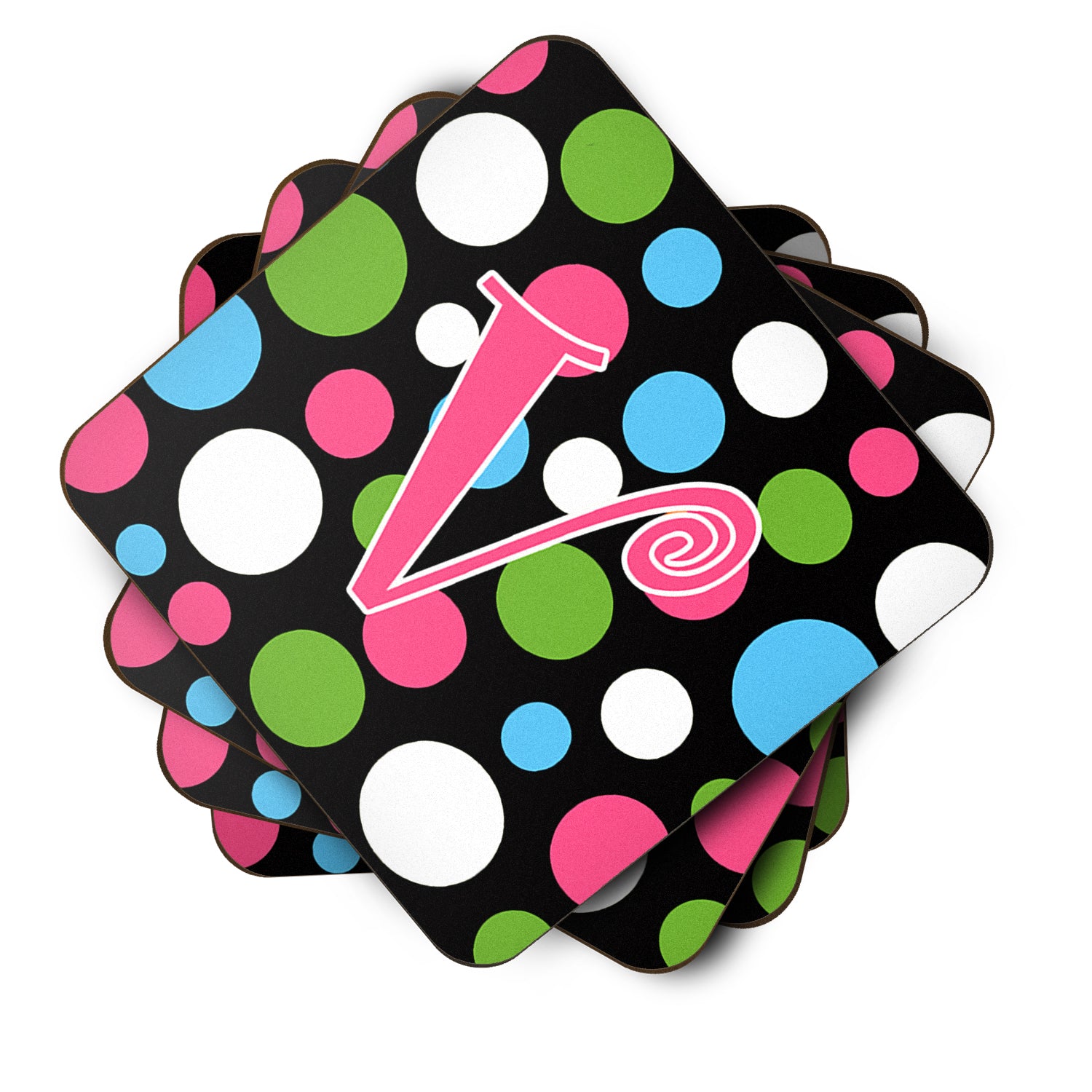 Set of 4 Monogram - Polkadots and Pink Foam Coasters Initial Letter V - the-store.com
