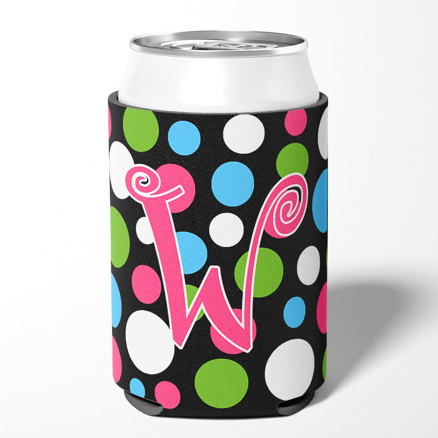 Letter W Initial Monogram - Polkadots and Pink Can or Bottle Beverage Insulator Hugger