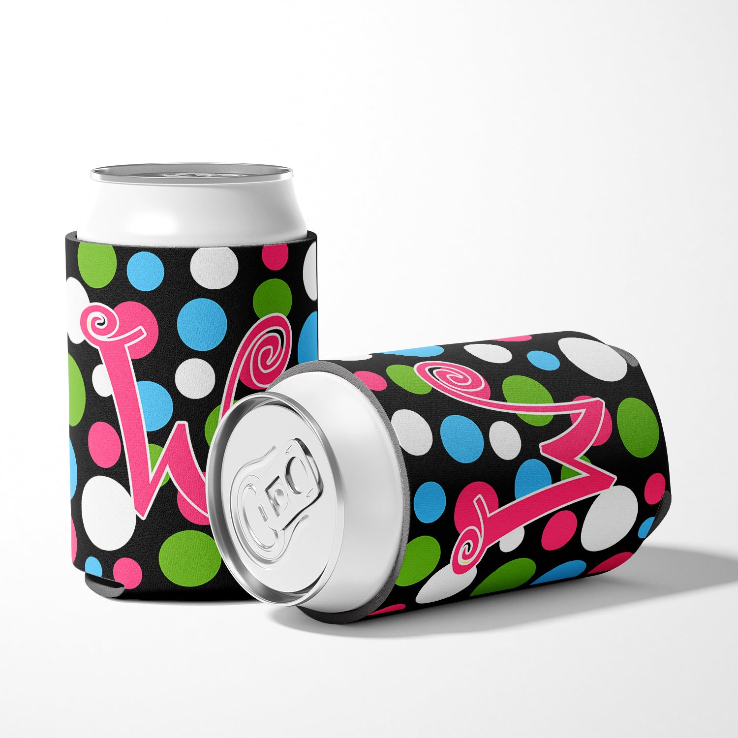 Letter W Initial Monogram - Polkadots and Pink Can or Bottle Beverage Insulator Hugger.