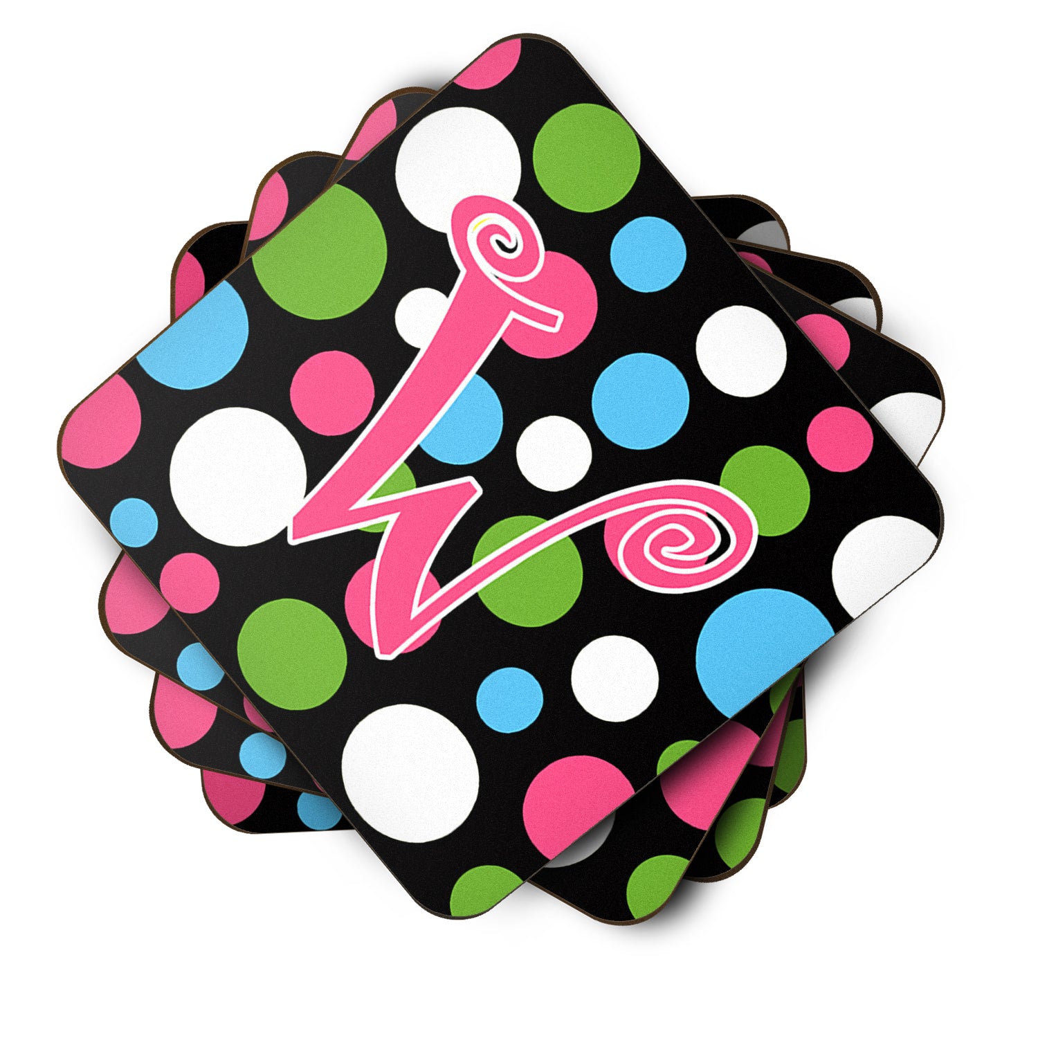Set of 4 Monogram - Polkadots and Pink Foam Coasters Initial Letter W - the-store.com