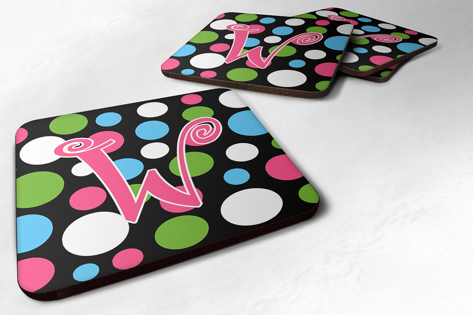 Set of 4 Monogram - Polkadots and Pink Foam Coasters Initial Letter W - the-store.com