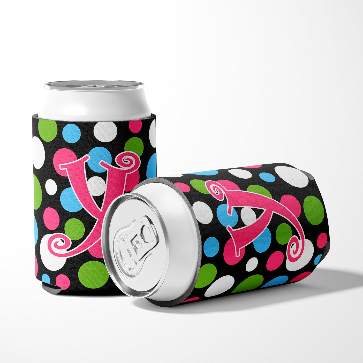 Letter Y Initial Monogram - Polkadots and Pink Can or Bottle Beverage Insulator Hugger.
