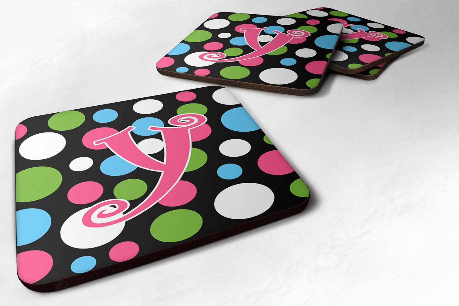 Set of 4 Monogram - Polkadots and Pink Foam Coasters Initial Letter Y - the-store.com