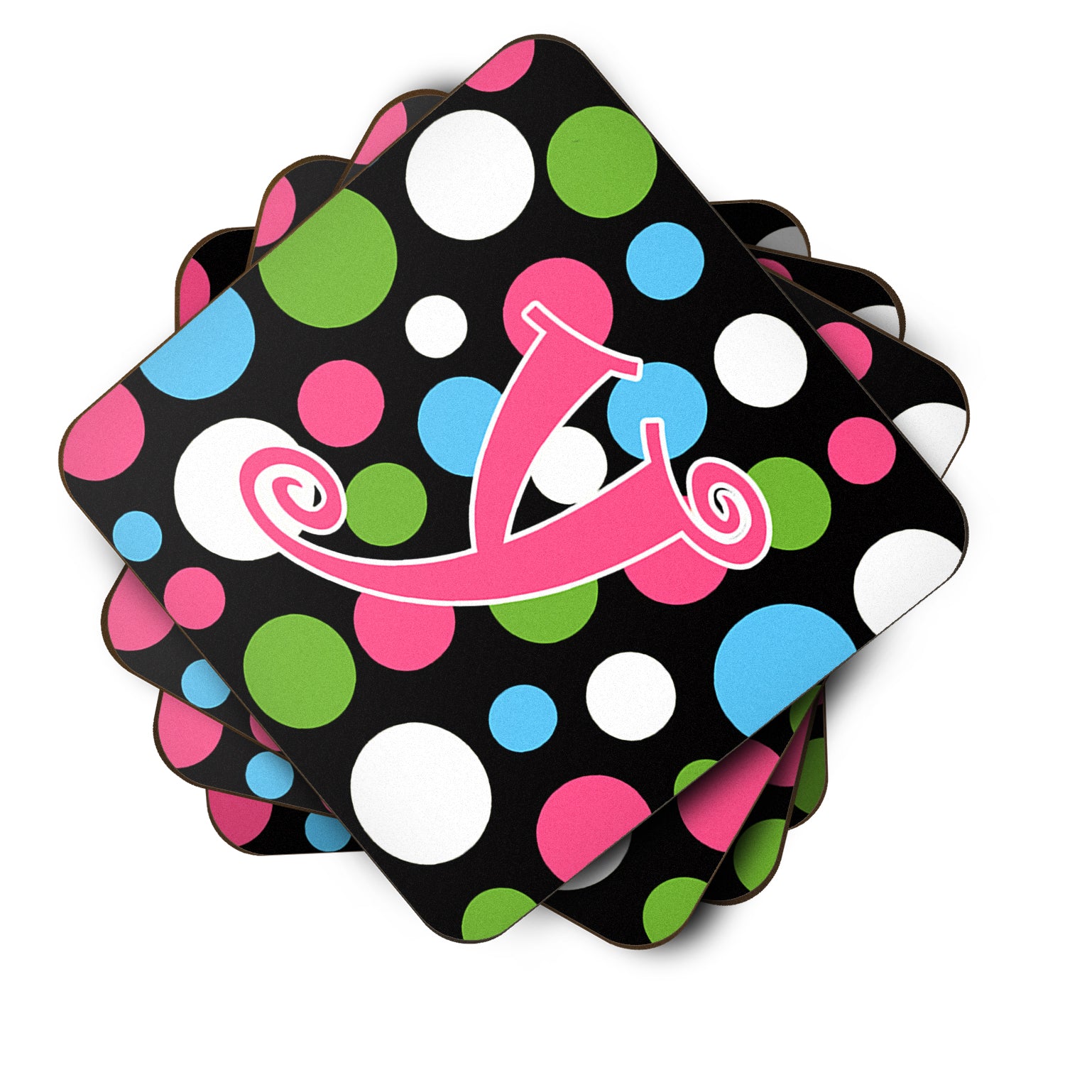 Set of 4 Monogram - Polkadots and Pink Foam Coasters Initial Letter Y - the-store.com