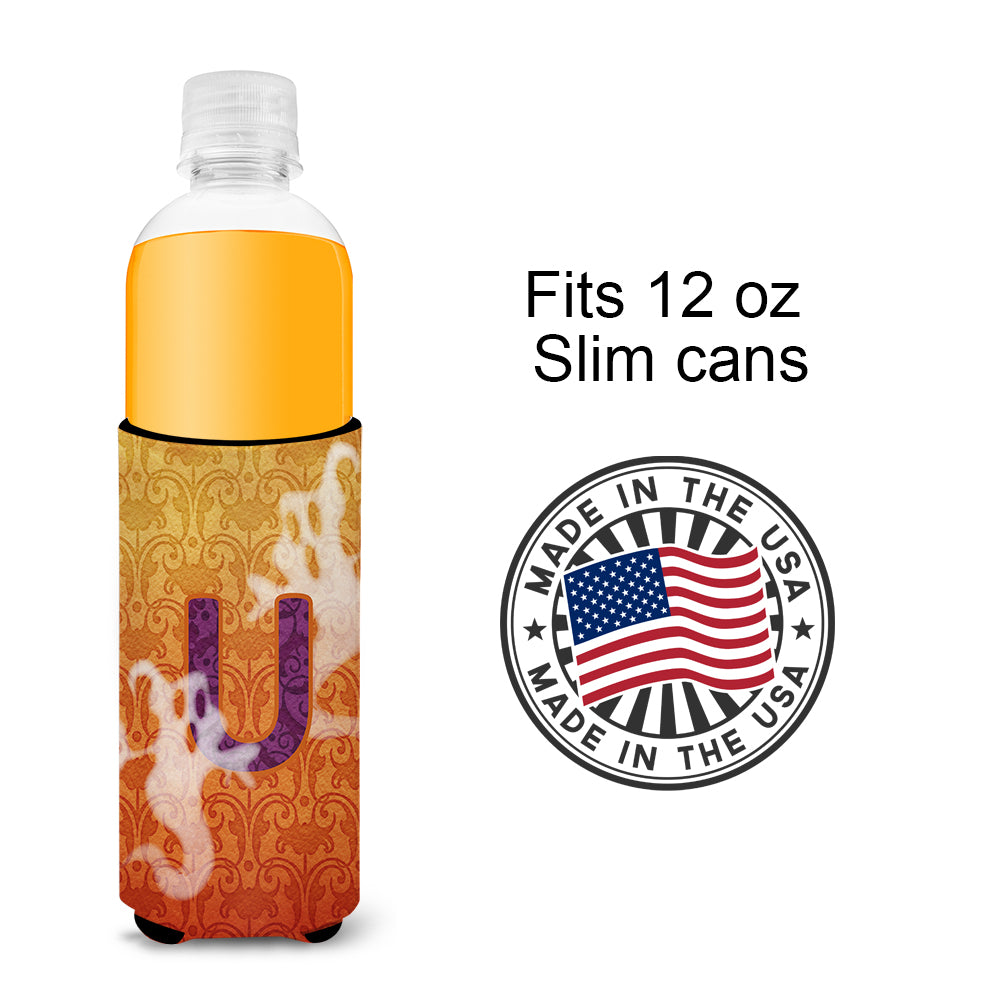 Halloween Ghosts Monogram Initial  Letter U Ultra Beverage Insulators for slim cans CJ1040-UMUK