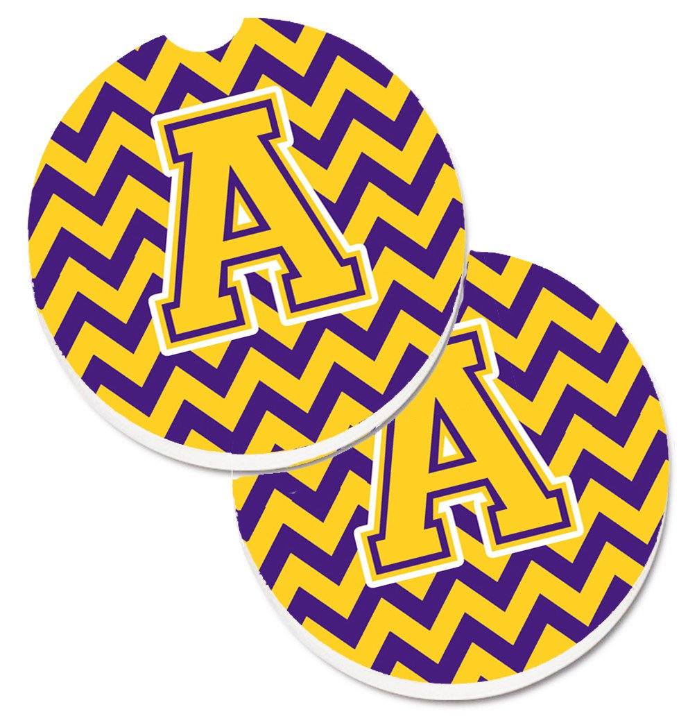 Letter A Chevron Purple and Gold Set of 2 Cup Holder Car Coasters CJ1041-ACARC by Caroline&#39;s Treasures