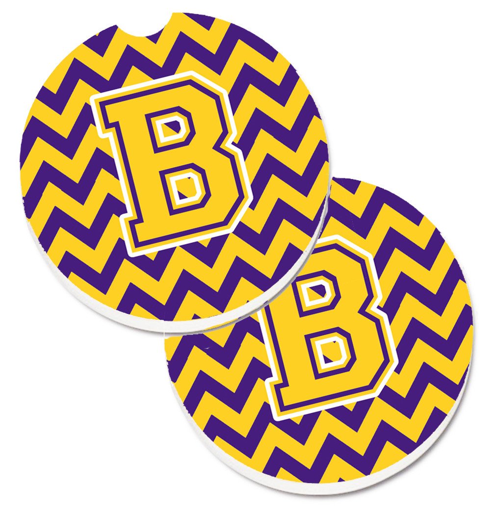Letter B Chevron Purple and Gold Set of 2 Cup Holder Car Coasters CJ1041-BCARC by Caroline&#39;s Treasures