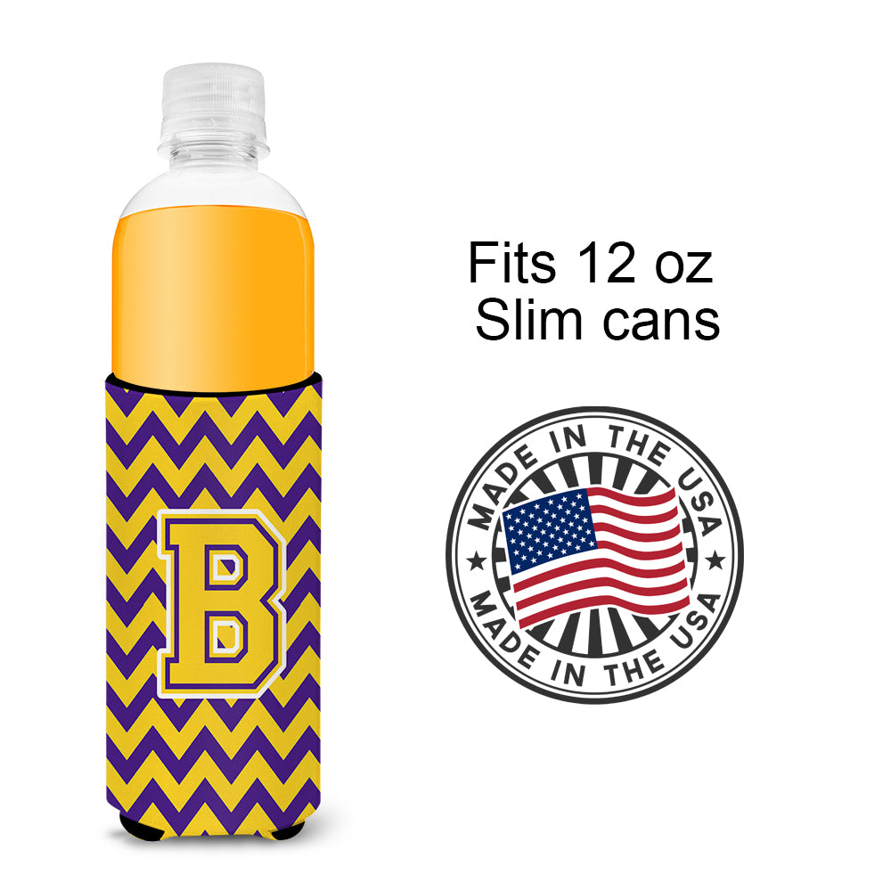 Letter B Chevron Purple and Gold Ultra Beverage Insulators for slim cans CJ1041-BMUK.