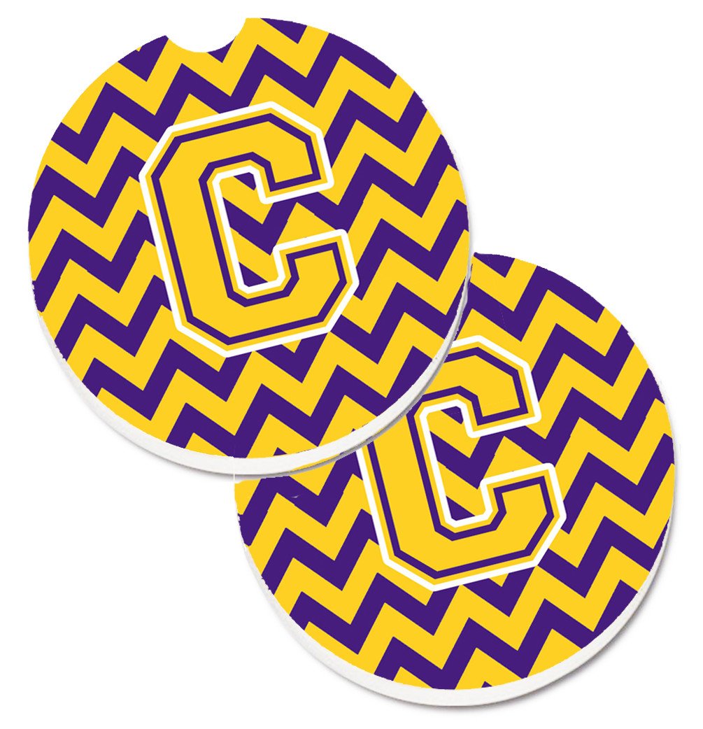 Letter C Chevron Purple and Gold  Set of 2 Cup Holder Car Coasters CJ1041-CCARC by Caroline&#39;s Treasures