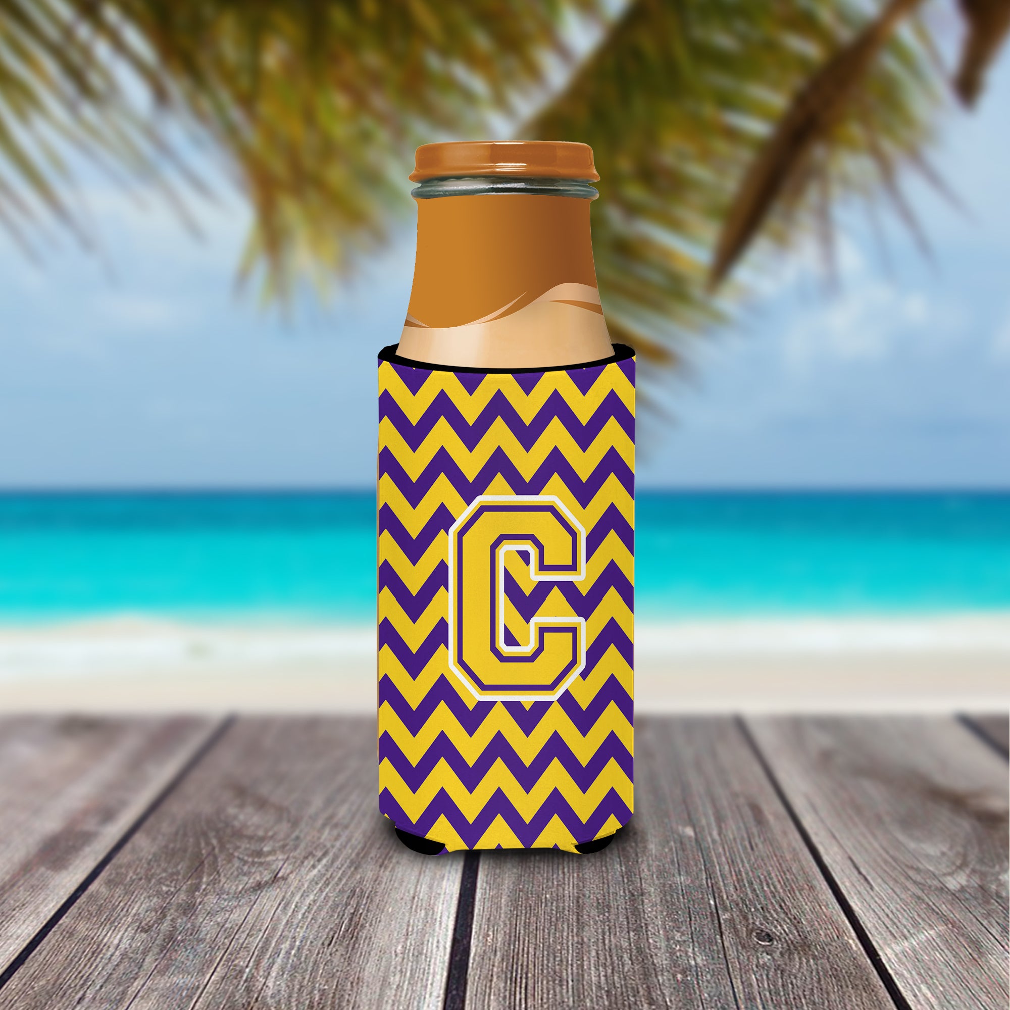 Letter C Chevron Purple and Gold Ultra Beverage Insulators for slim cans CJ1041-CMUK.