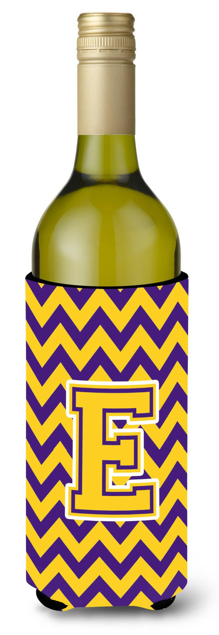 Letter E Chevron Purple and Gold Wine Bottle Beverage Insulator Hugger CJ1041-ELITERK by Caroline&#39;s Treasures