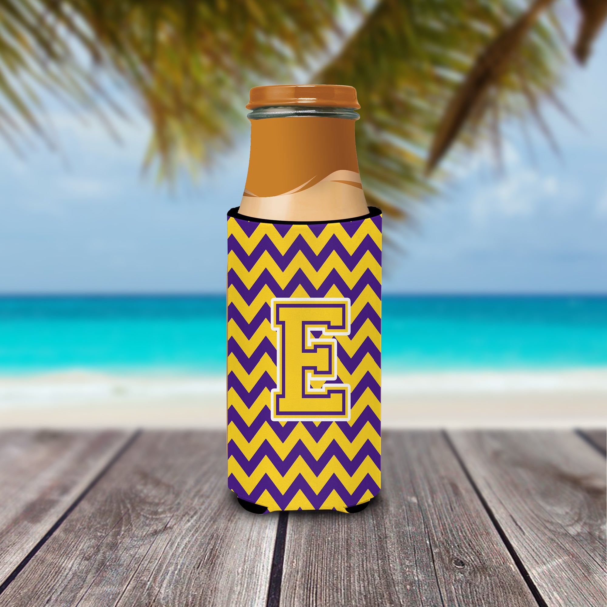 Letter E Chevron Purple and Gold Ultra Beverage Insulators for slim cans CJ1041-EMUK.