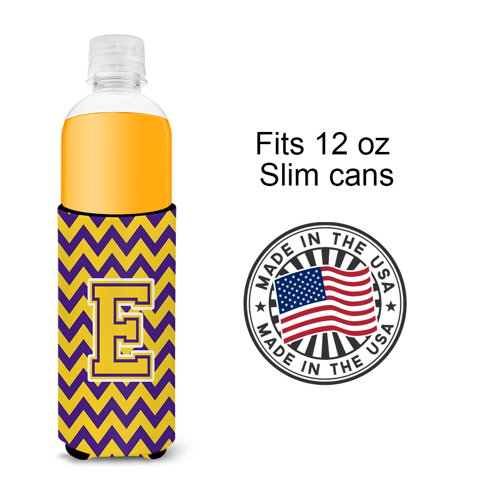 Letter E Chevron Purple and Gold Ultra Beverage Insulators for slim cans CJ1041-EMUK.