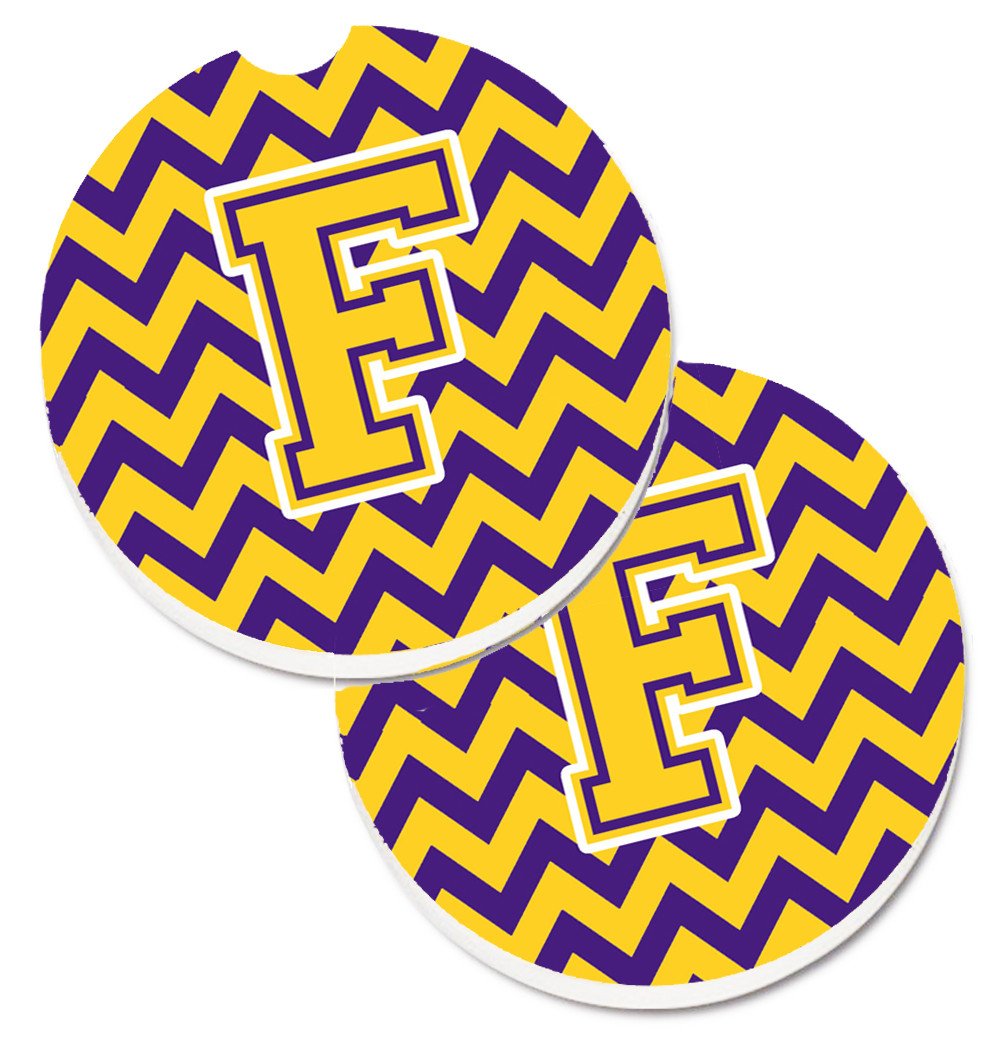 Letter F Chevron Purple and Gold Set of 2 Cup Holder Car Coasters CJ1041-FCARC by Caroline&#39;s Treasures