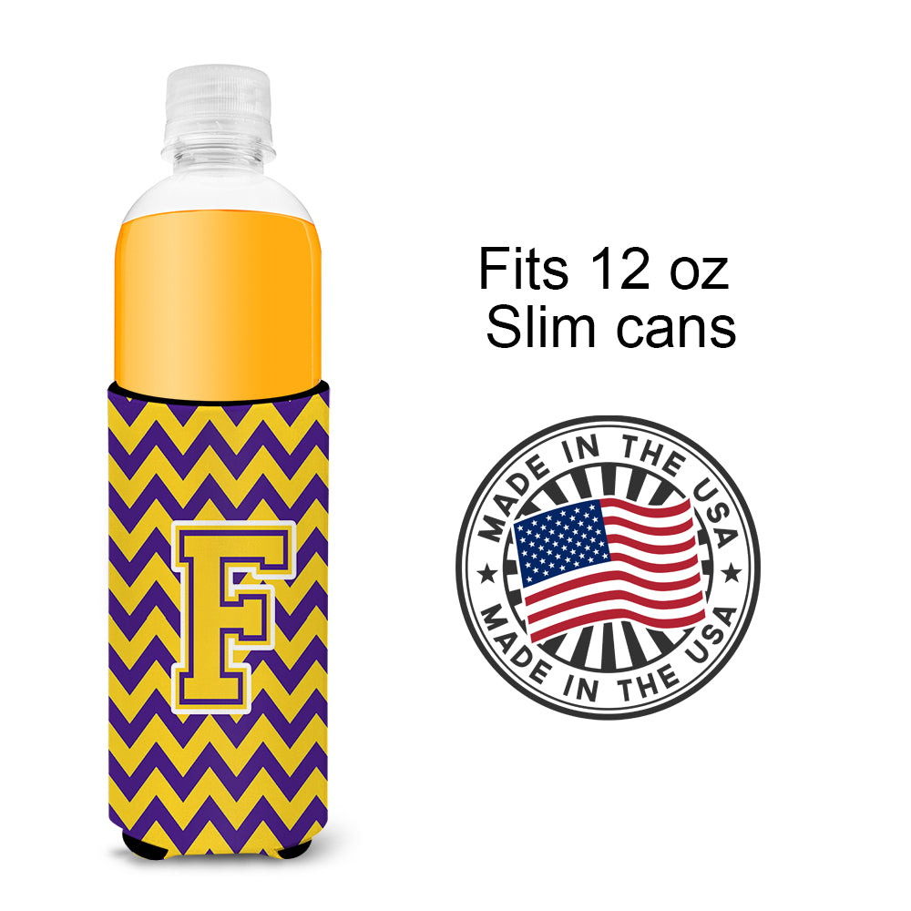 Letter F Chevron Purple and Gold Ultra Beverage Insulators for slim cans CJ1041-FMUK