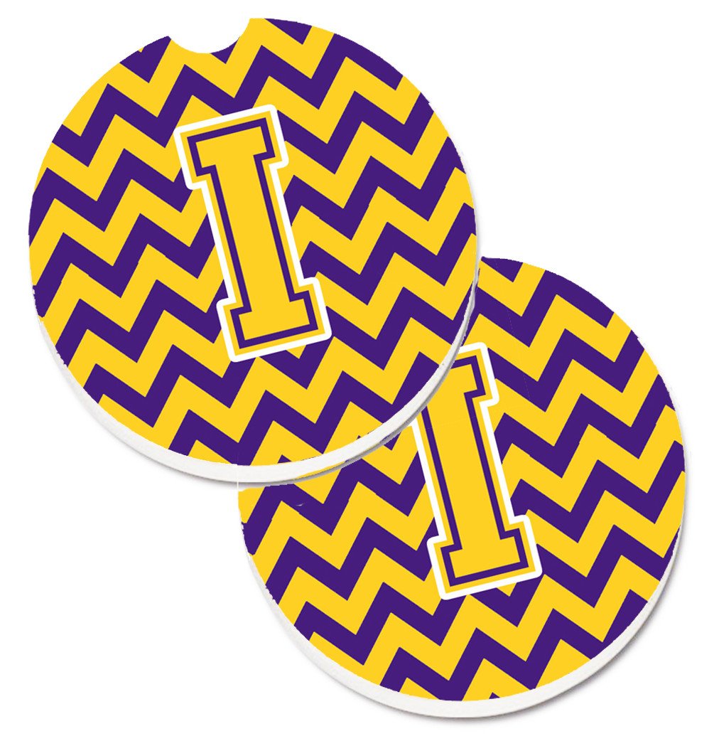 Letter I Chevron Purple and Gold Set of 2 Cup Holder Car Coasters CJ1041-ICARC by Caroline&#39;s Treasures