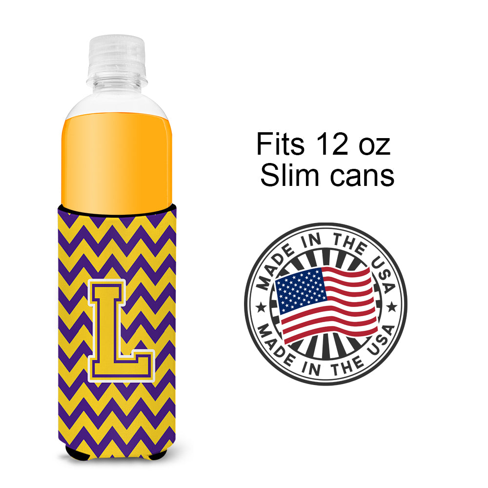 Letter L Chevron Purple and Gold Ultra Beverage Insulators for slim cans CJ1041-LMUK.