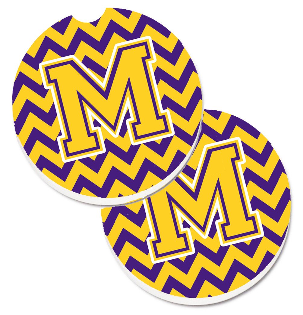 Letter M Chevron Purple and Gold Set of 2 Cup Holder Car Coasters CJ1041-MCARC by Caroline&#39;s Treasures