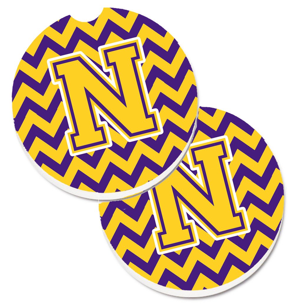 Letter N Chevron Purple and Gold Set of 2 Cup Holder Car Coasters CJ1041-NCARC by Caroline&#39;s Treasures