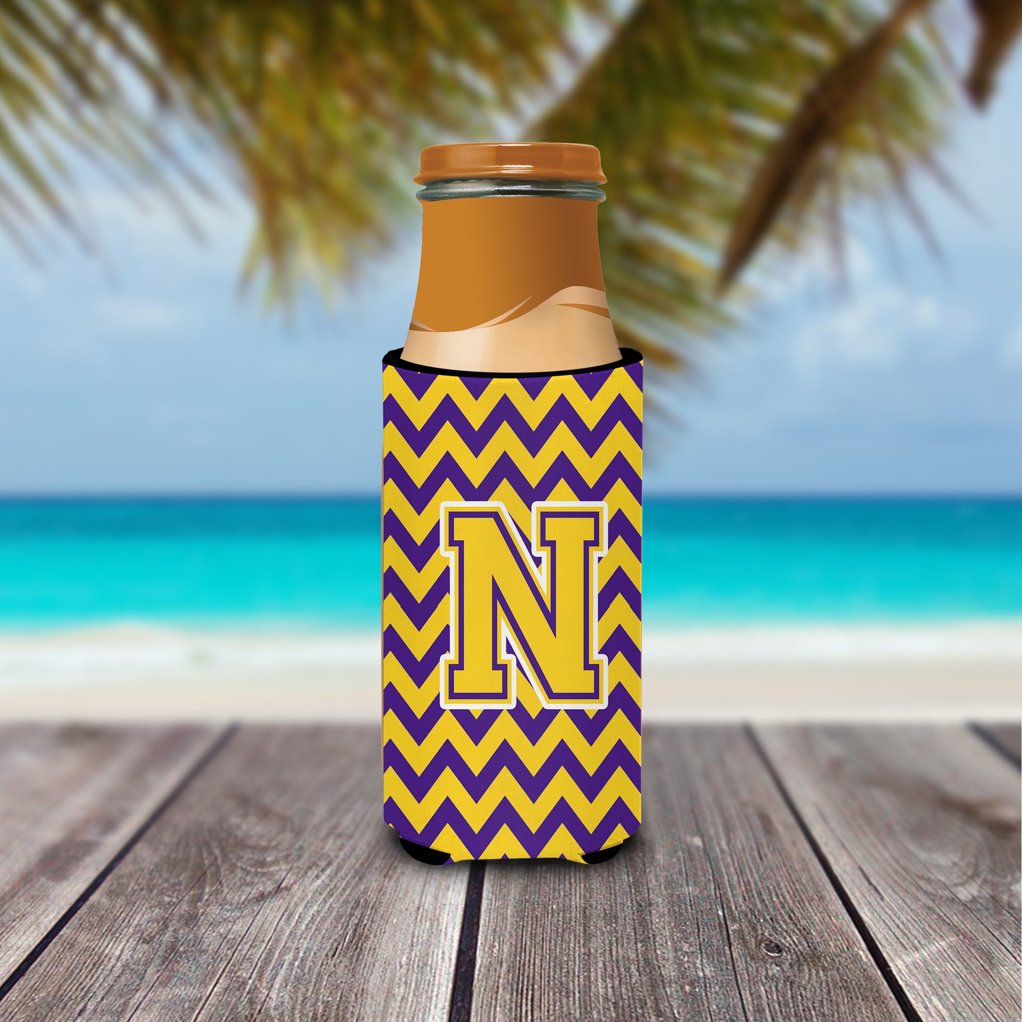 Letter N Chevron Purple and Gold Ultra Beverage Insulators for slim cans CJ1041-NMUK.