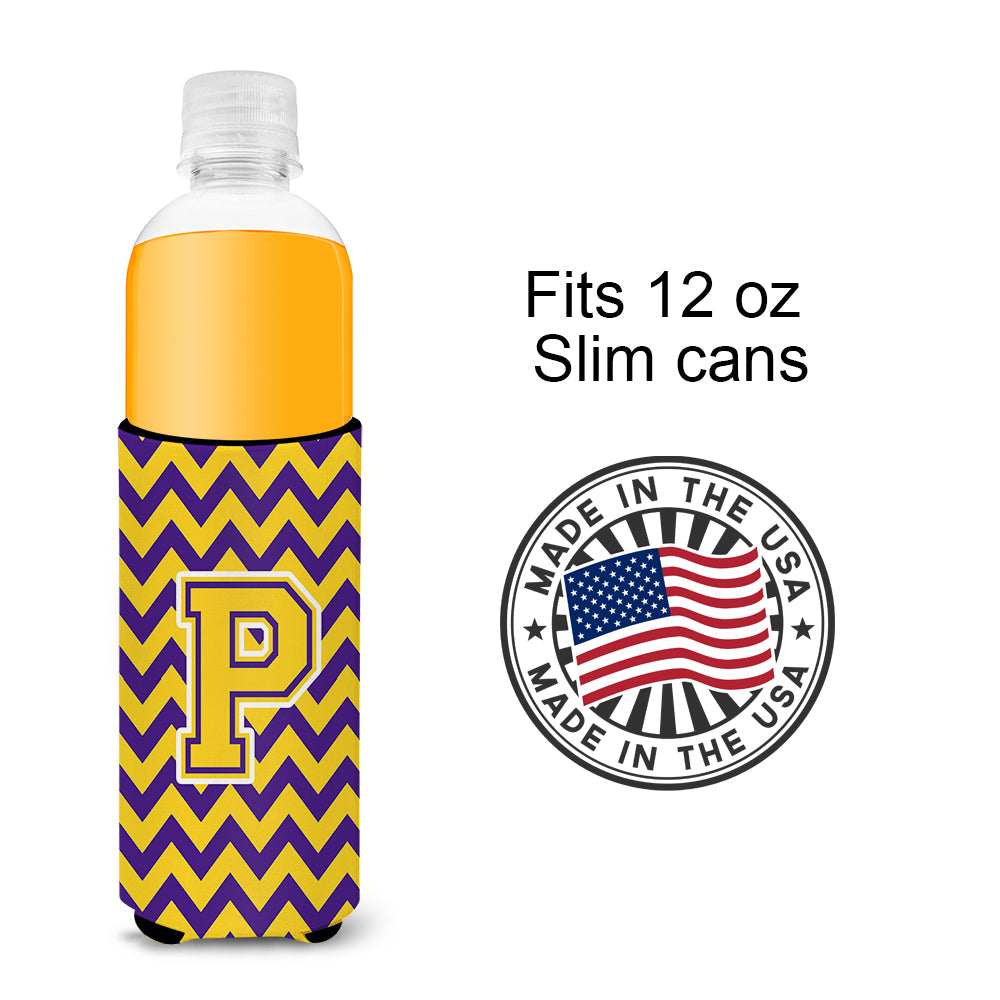 Letter P Chevron Purple and Gold Ultra Beverage Insulators for slim cans CJ1041-PMUK.