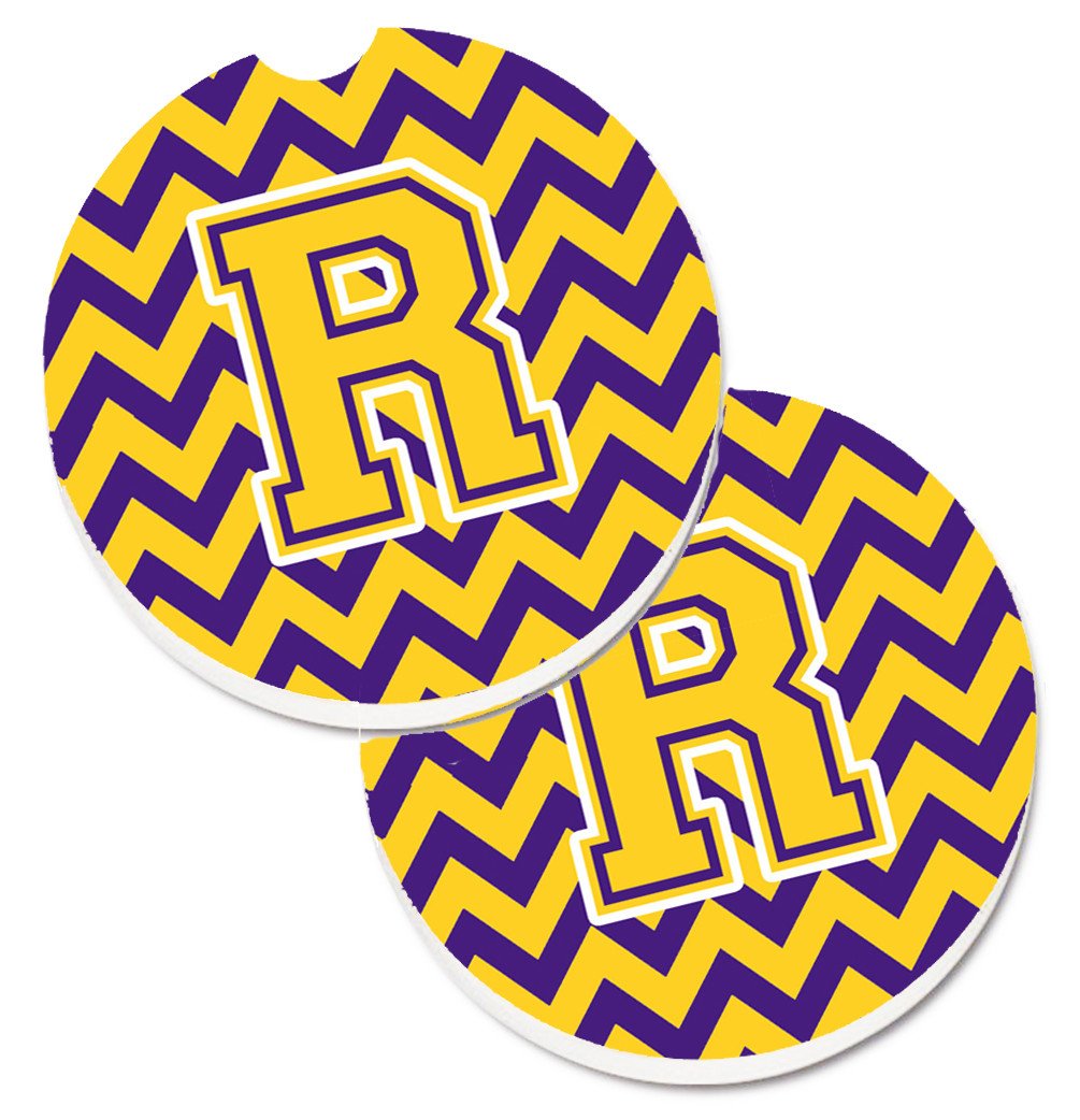 Letter R Chevron Purple and Gold Set of 2 Cup Holder Car Coasters CJ1041-RCARC by Caroline&#39;s Treasures