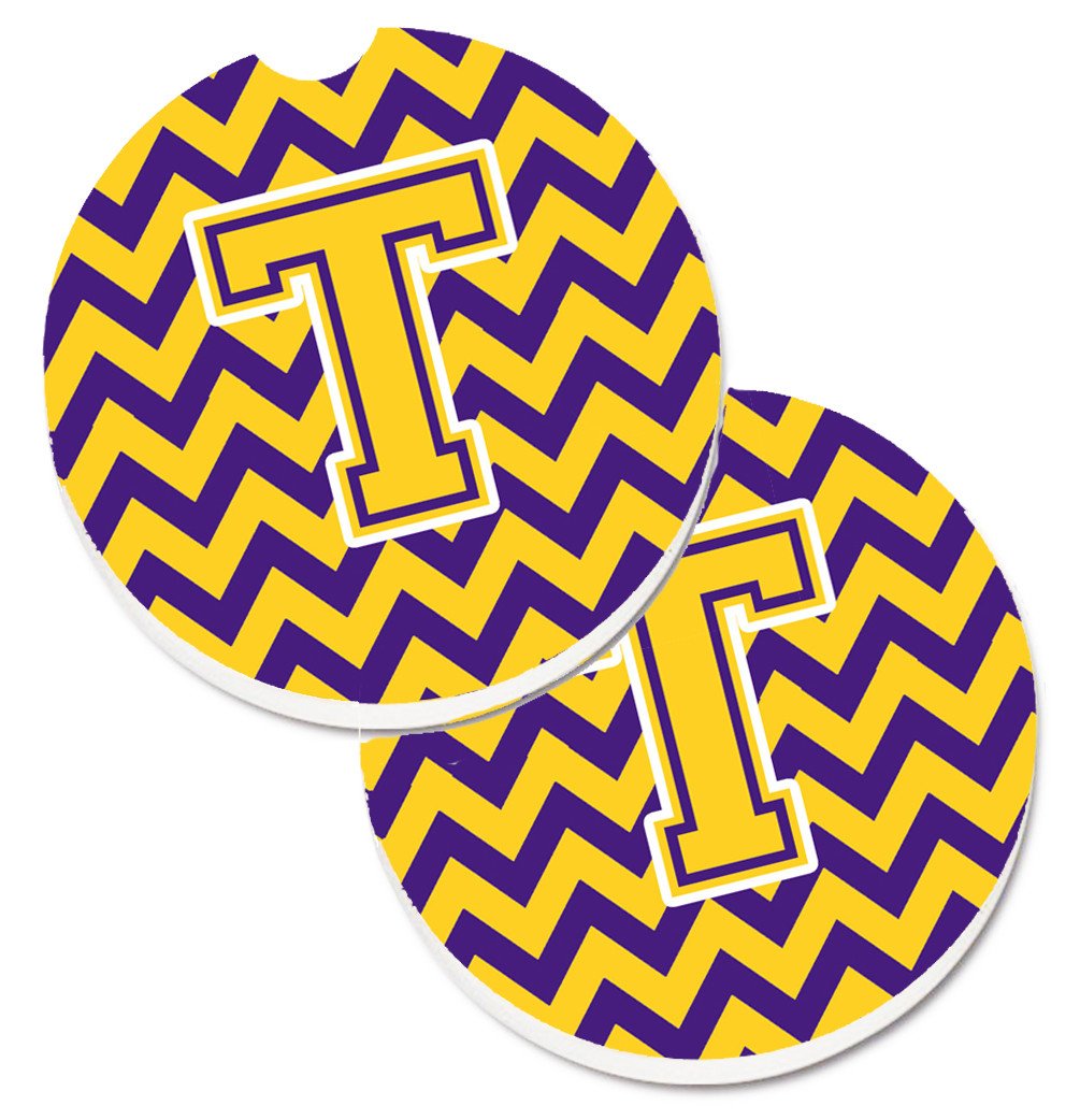 Letter T Chevron Purple and Gold Set of 2 Cup Holder Car Coasters CJ1041-TCARC by Caroline's Treasures