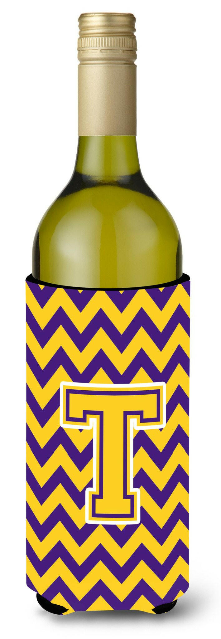 Letter T Chevron Purple and Gold Wine Bottle Beverage Insulator Hugger CJ1041-TLITERK by Caroline&#39;s Treasures
