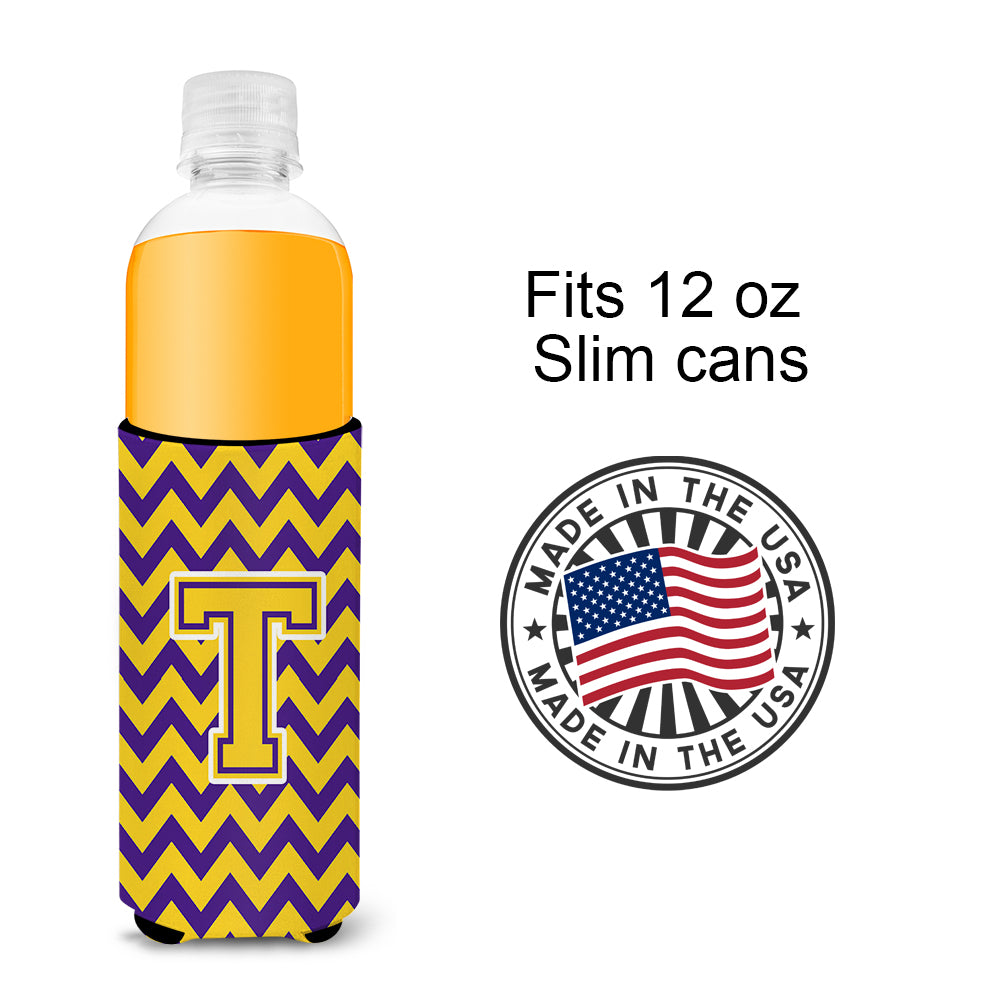 Letter T Chevron Purple and Gold Ultra Beverage Insulators for slim cans CJ1041-TMUK.