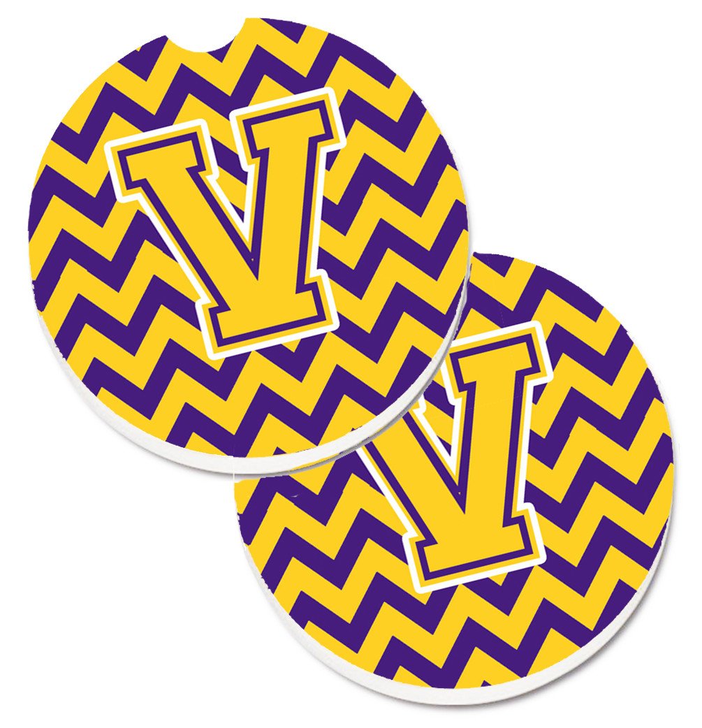 Letter V Chevron Purple and Gold Set of 2 Cup Holder Car Coasters CJ1041-VCARC by Caroline&#39;s Treasures