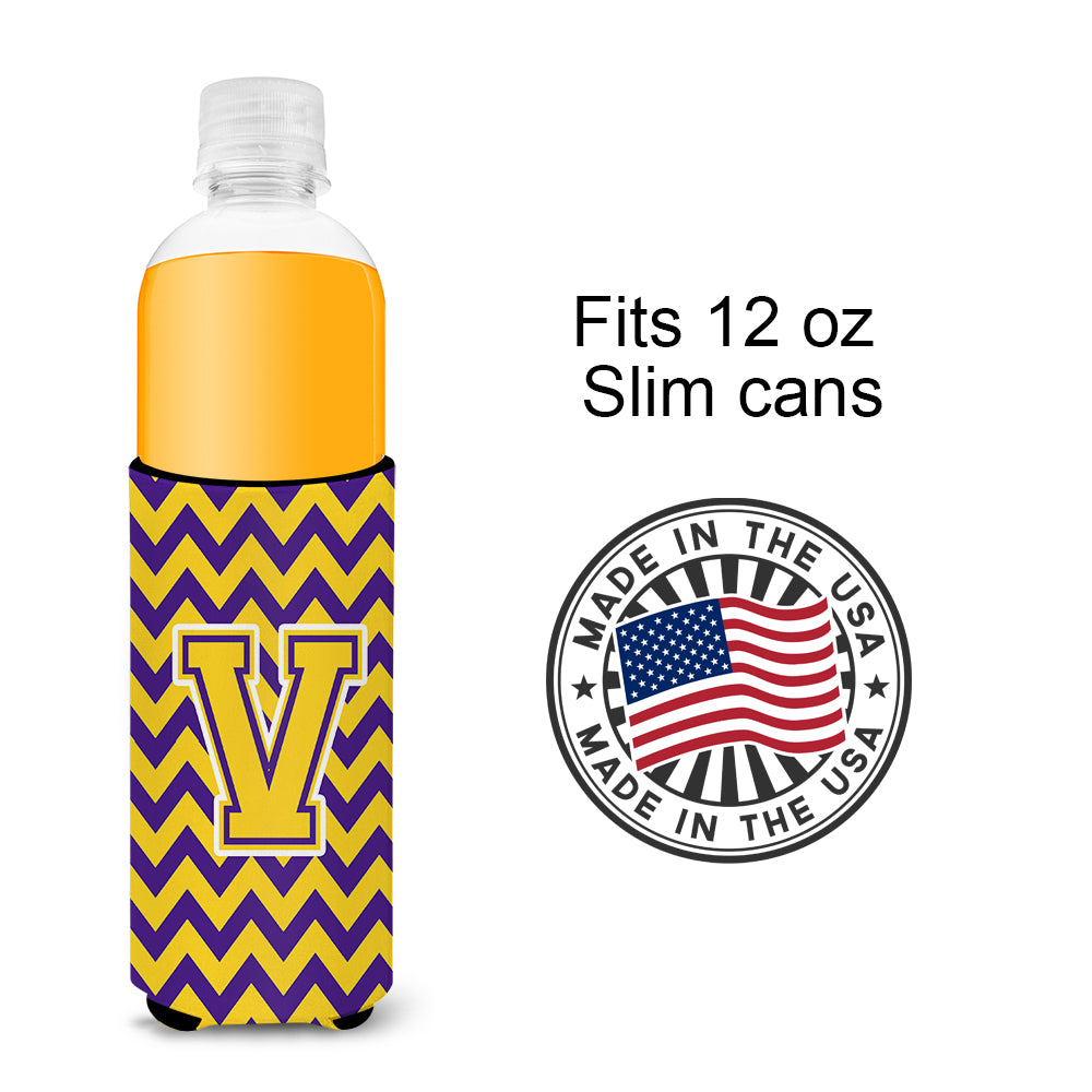 Letter V Chevron Purple and Gold Ultra Beverage Insulators for slim cans CJ1041-VMUK.