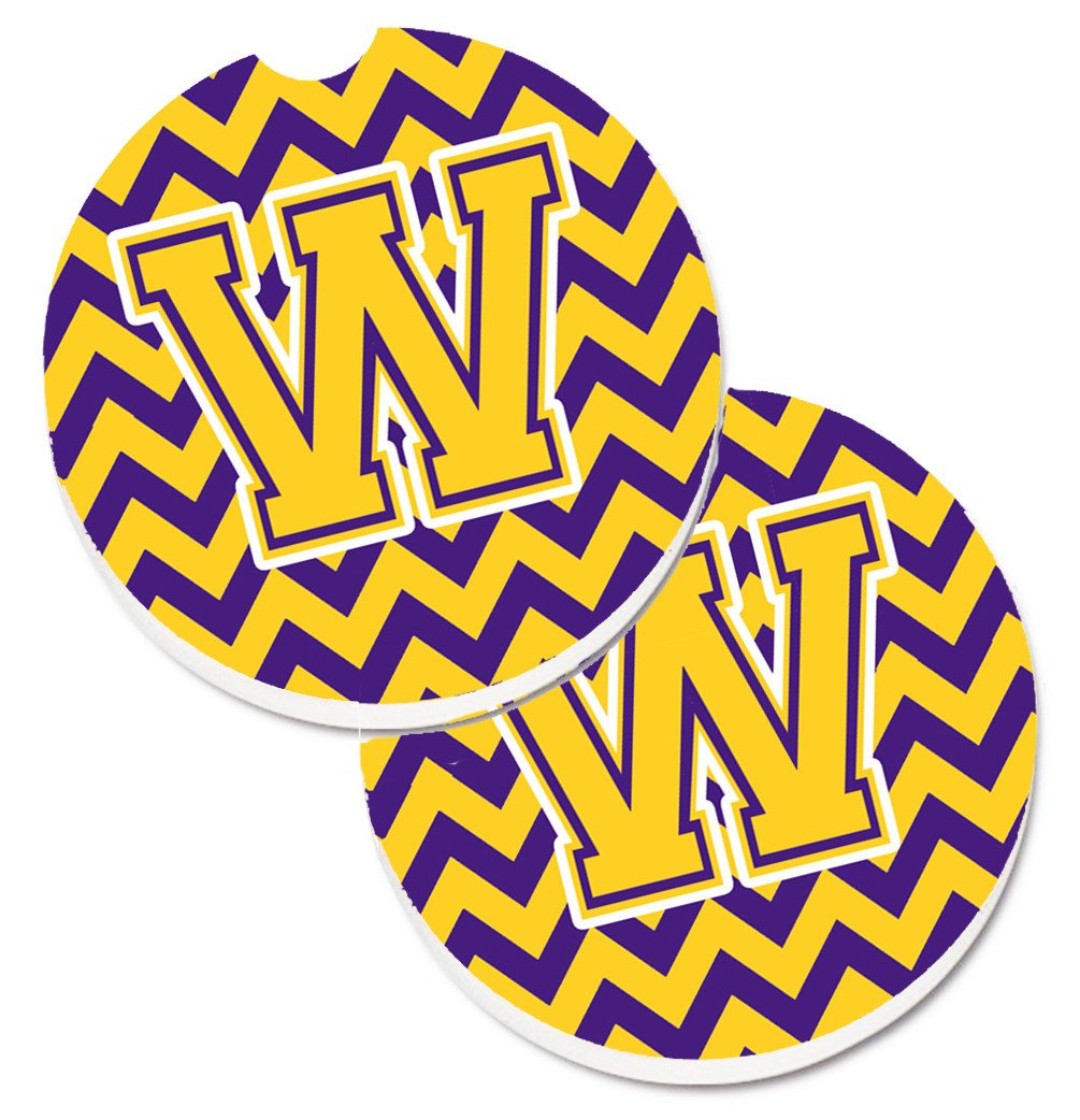 Letter W Chevron Purple and Gold Set of 2 Cup Holder Car Coasters CJ1041-WCARC by Caroline&#39;s Treasures