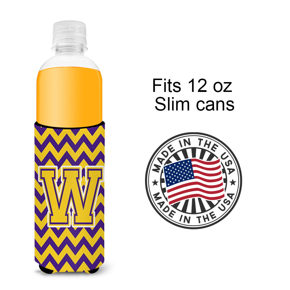 Letter W Chevron Purple and Gold Ultra Beverage Insulators for slim cans CJ1041-WMUK.